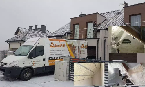 Pracownicy EwaPUR wykonujący izolację poddasza pianą PUR